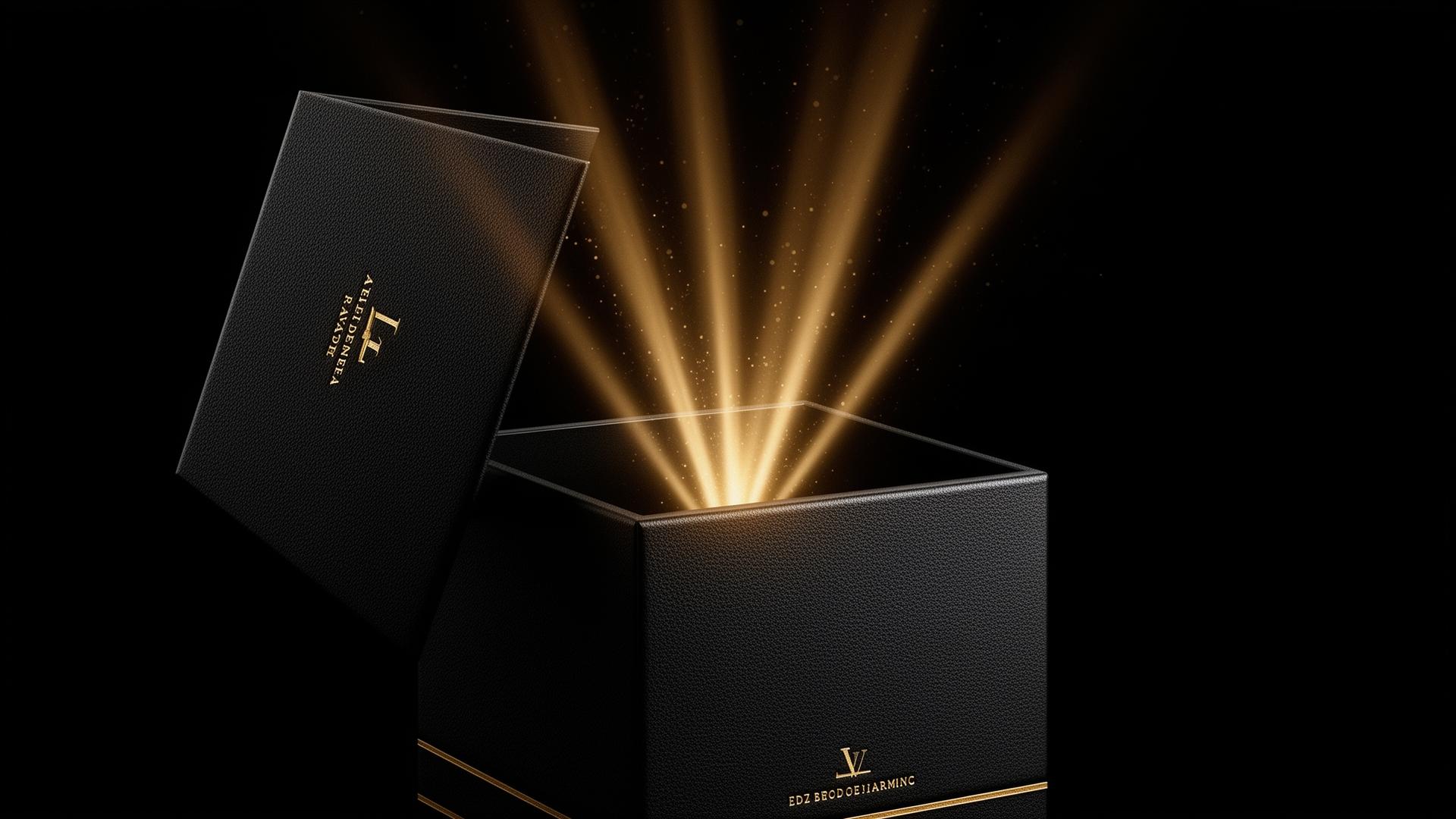 Caixa preta do corretor premium emanando luz dourada